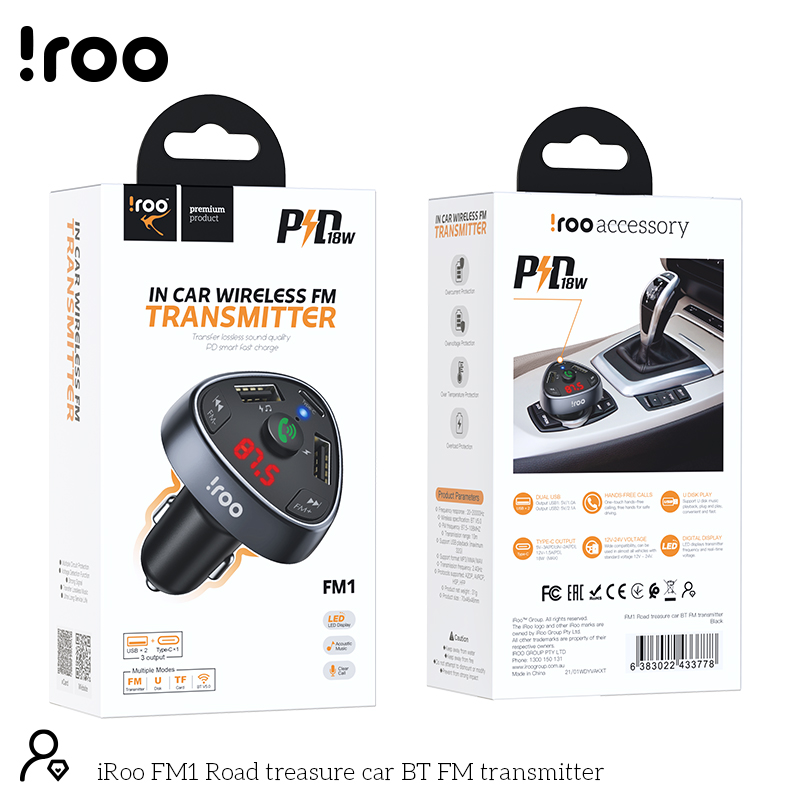iRoo FM1 | PD 18W Bluetooth FM Transmitter /w Mic