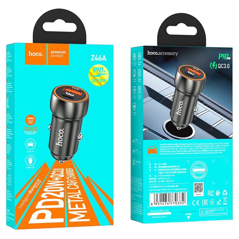 HOCO Z46A | Blue Whale PD20W+QC3.0 car charger - Grey