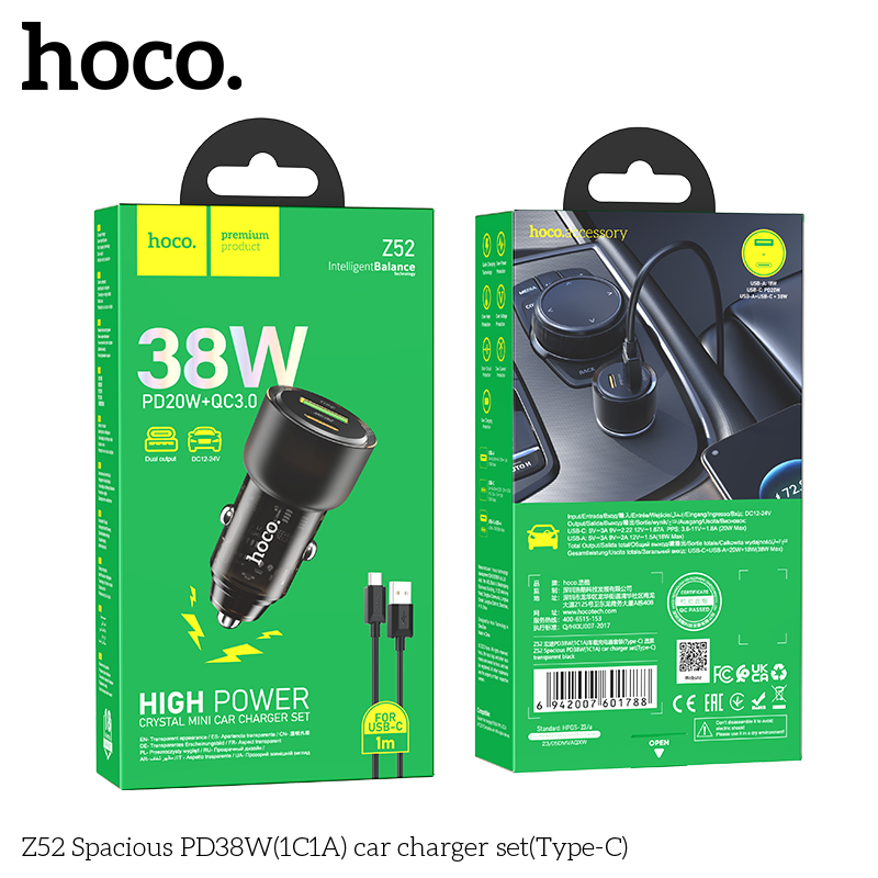 HOCO Z52 Spacious | PD38W(1C1A) car charger /w Cable Type-C [GREEN BOX]