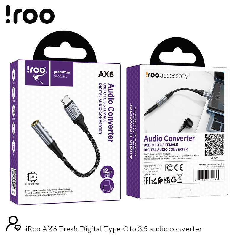 iRoo AX6-C Digital Audio Converter | Type-C to Female 3.5mm [work with mic]